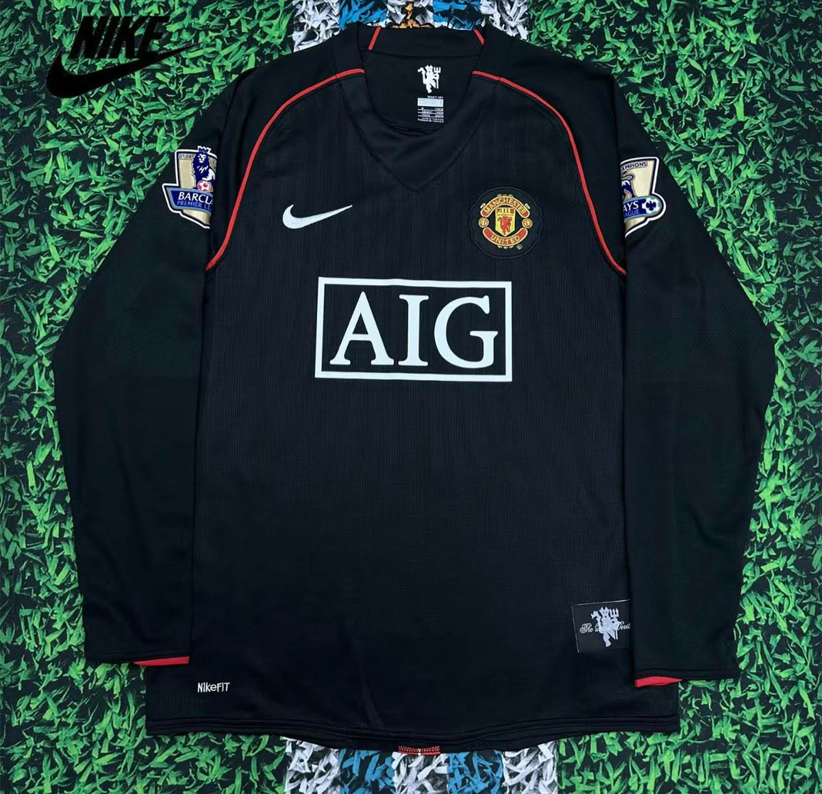 NIKE 07-08 Manchester United Vintage Retro Long Sleeve Soccer Jersey Away 7 Ronaldo Champions League Edition